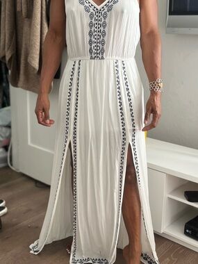 White Maxi Dress with Navy Embroidery – Women